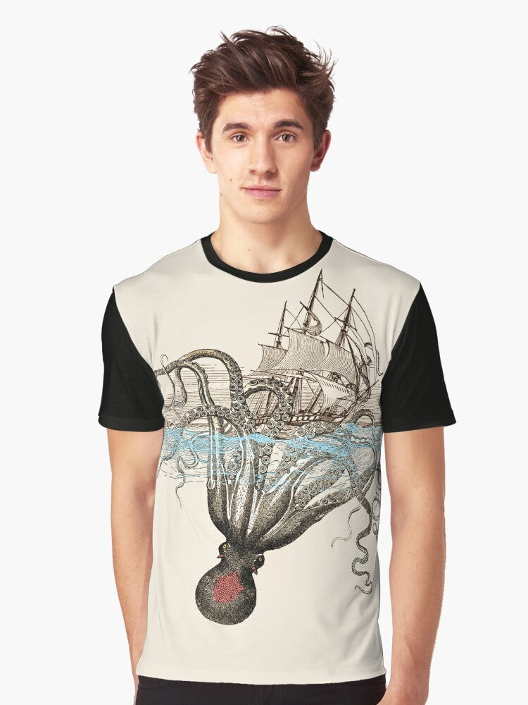 Graphic t-shirt featuring a kraken, a mythological sea monster, with Viking-inspired design - Men