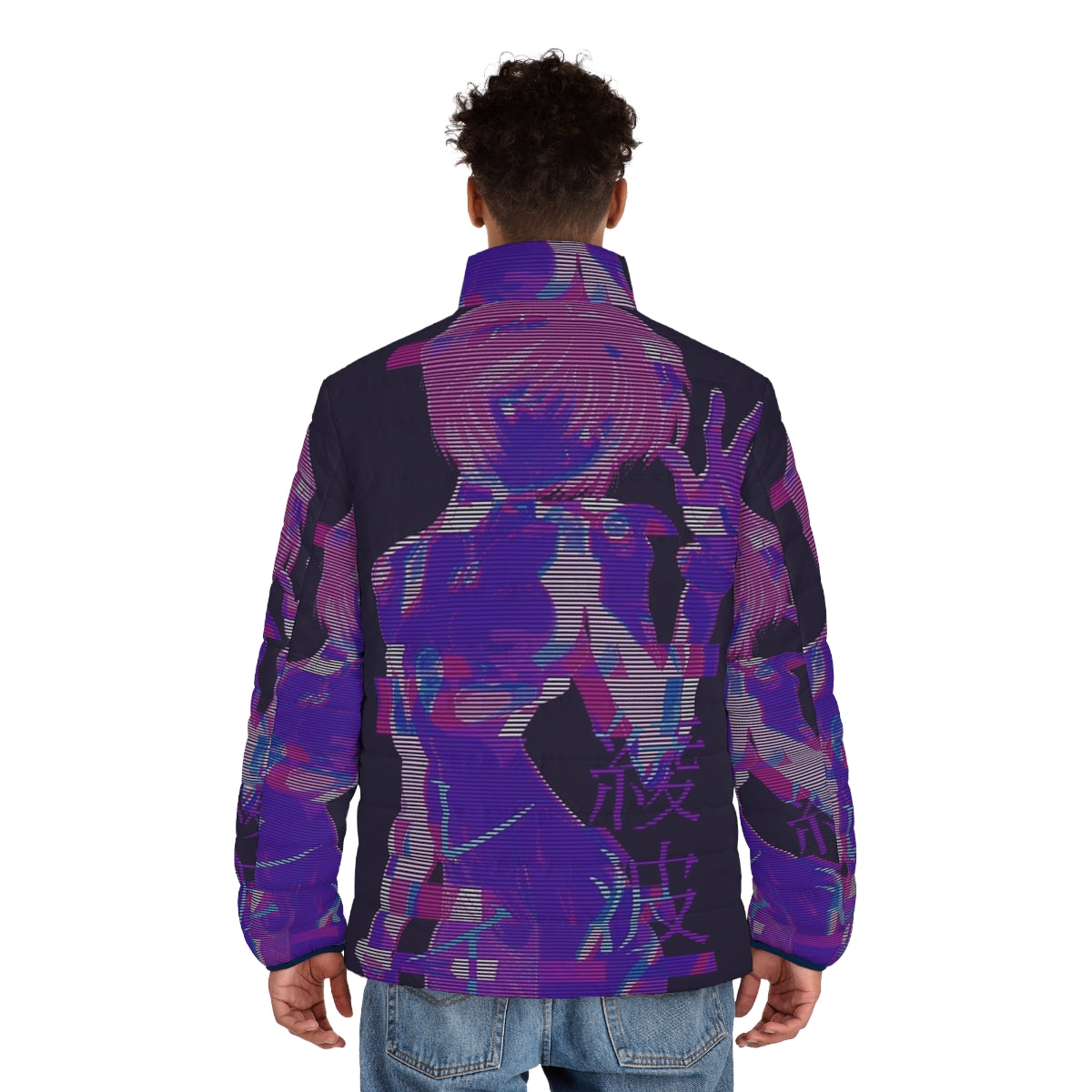 E V W V R E I 2 Puffer Jacket with anime and vaporwave inspired graphic design - men back