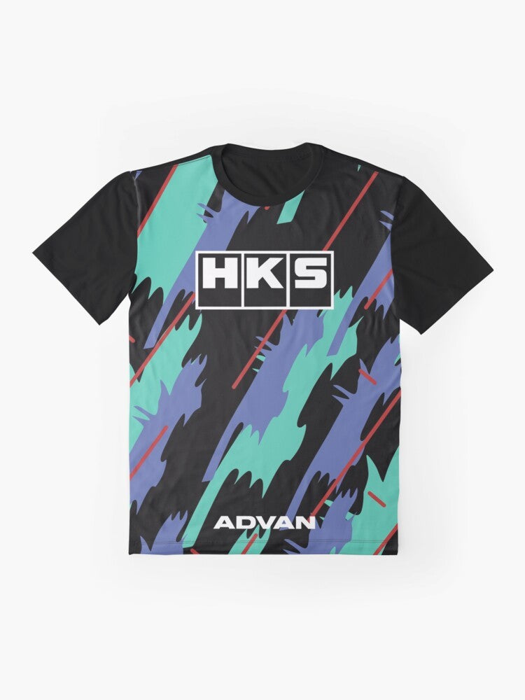 Retro HKS Oil Livery Graphic T-Shirt featuring classic JDM automotive designs - Flat lay