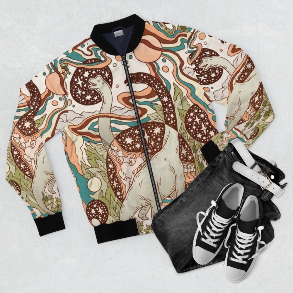 Retro bomber jacket featuring a psychedelic dinosaur sci-fi design in a rainbow palette. - Flat lay