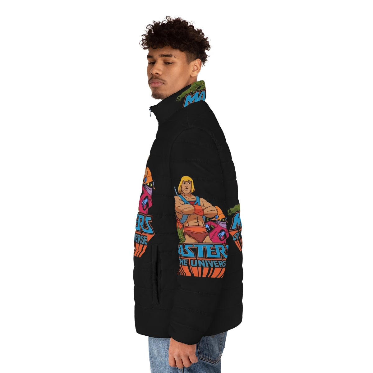 Man wearing a he-man themed puffer jacket - men side left