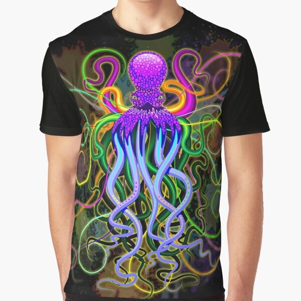 Colorful and psychedelic design featuring an octopus with luminescent tentacles against a surreal background.