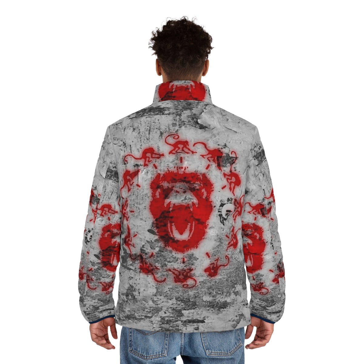 "Army of the 12 Monkeys" themed puffer jacket with billboard design - men back