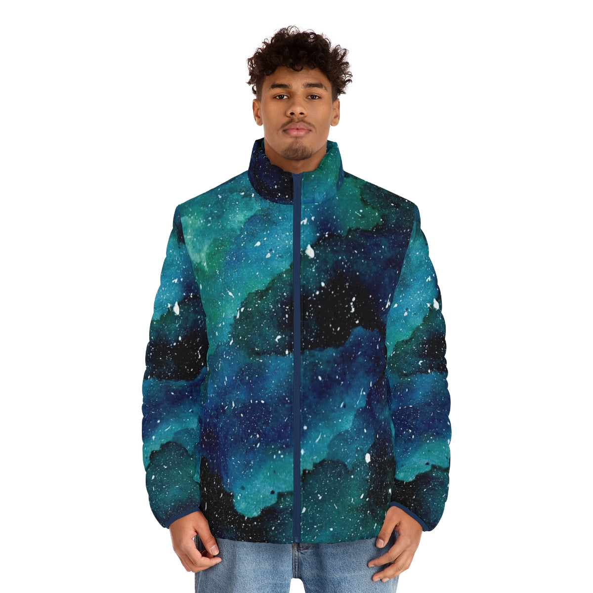 Emerald galaxy puffer jacket featuring a beautiful cosmic design with stars, planets, and a galactic motif - men front