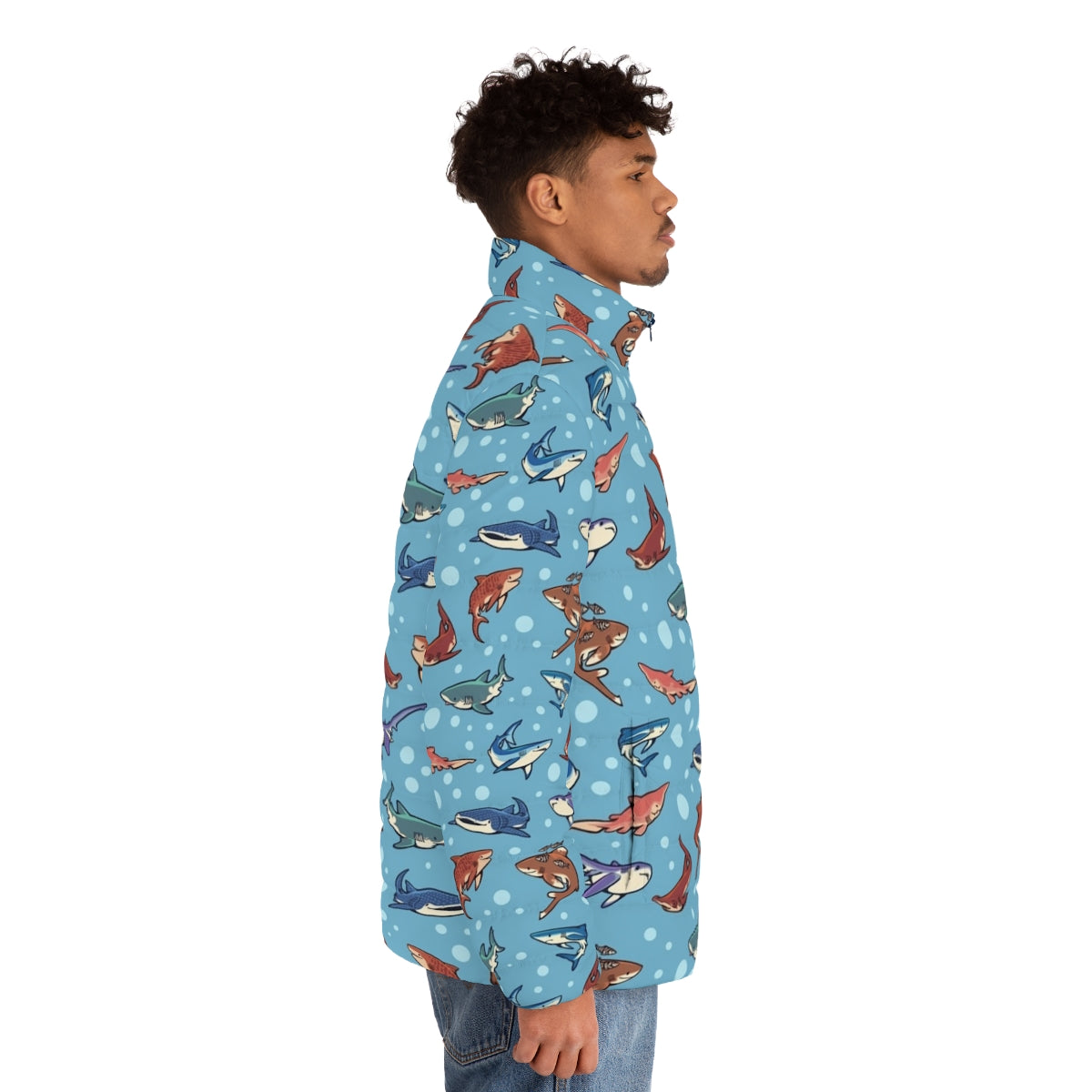 Sharks in the Light Blue Puffer Jacket - Stylish and Sustainable Outerwear - men side right