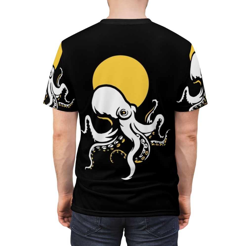 Photograph of a person wearing a t-shirt with a detailed, colorful octopus design - men back