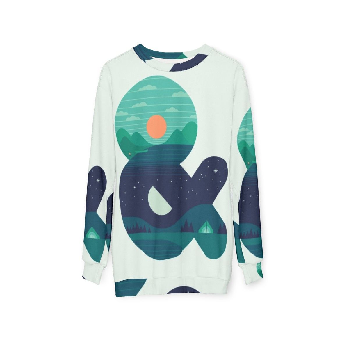 Pastel day night sweatshirt with minimalist graphic design - hanging