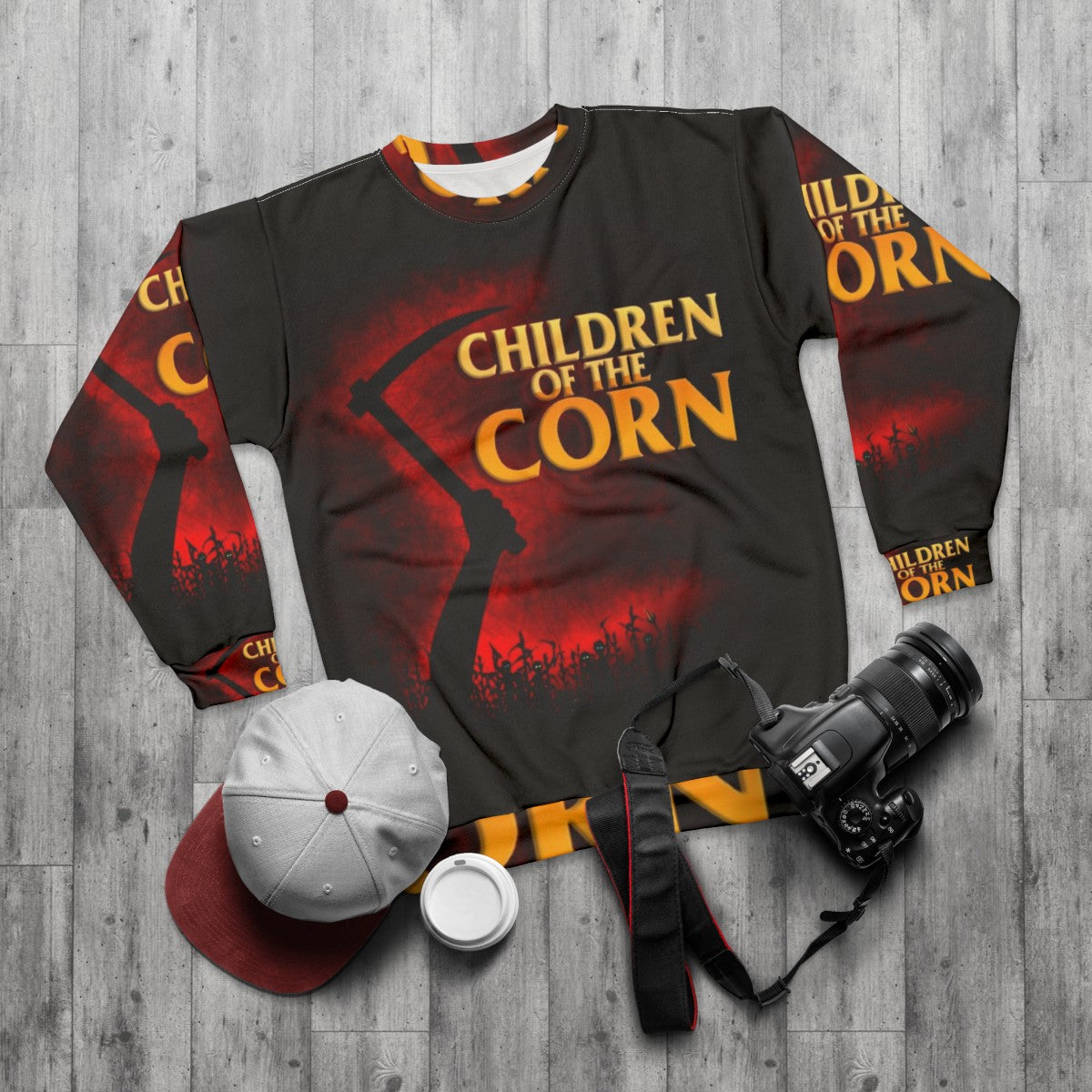 "Children of the Corn" horror movie themed sweatshirt - flat lay