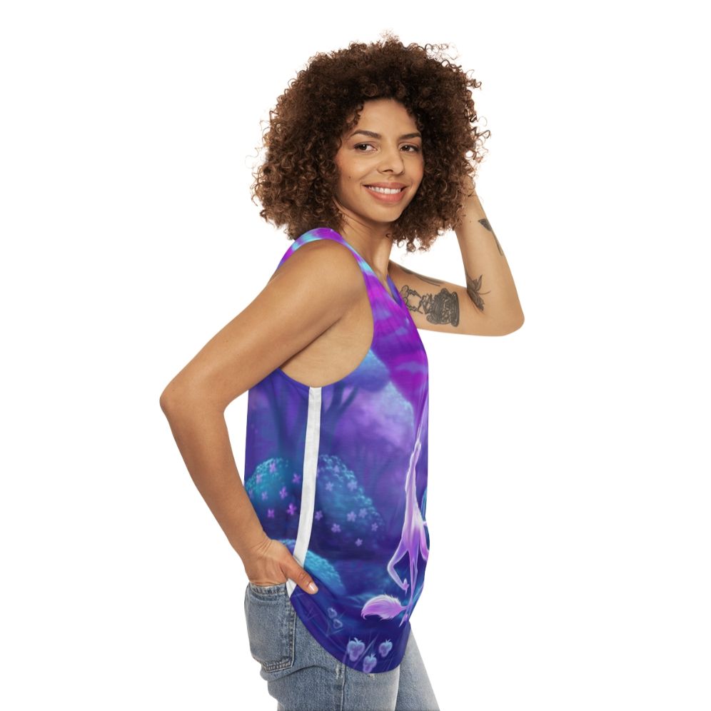 Unisex tank top featuring a minimalist design of the iconic unicorn from 'The Last Unicorn' - women side