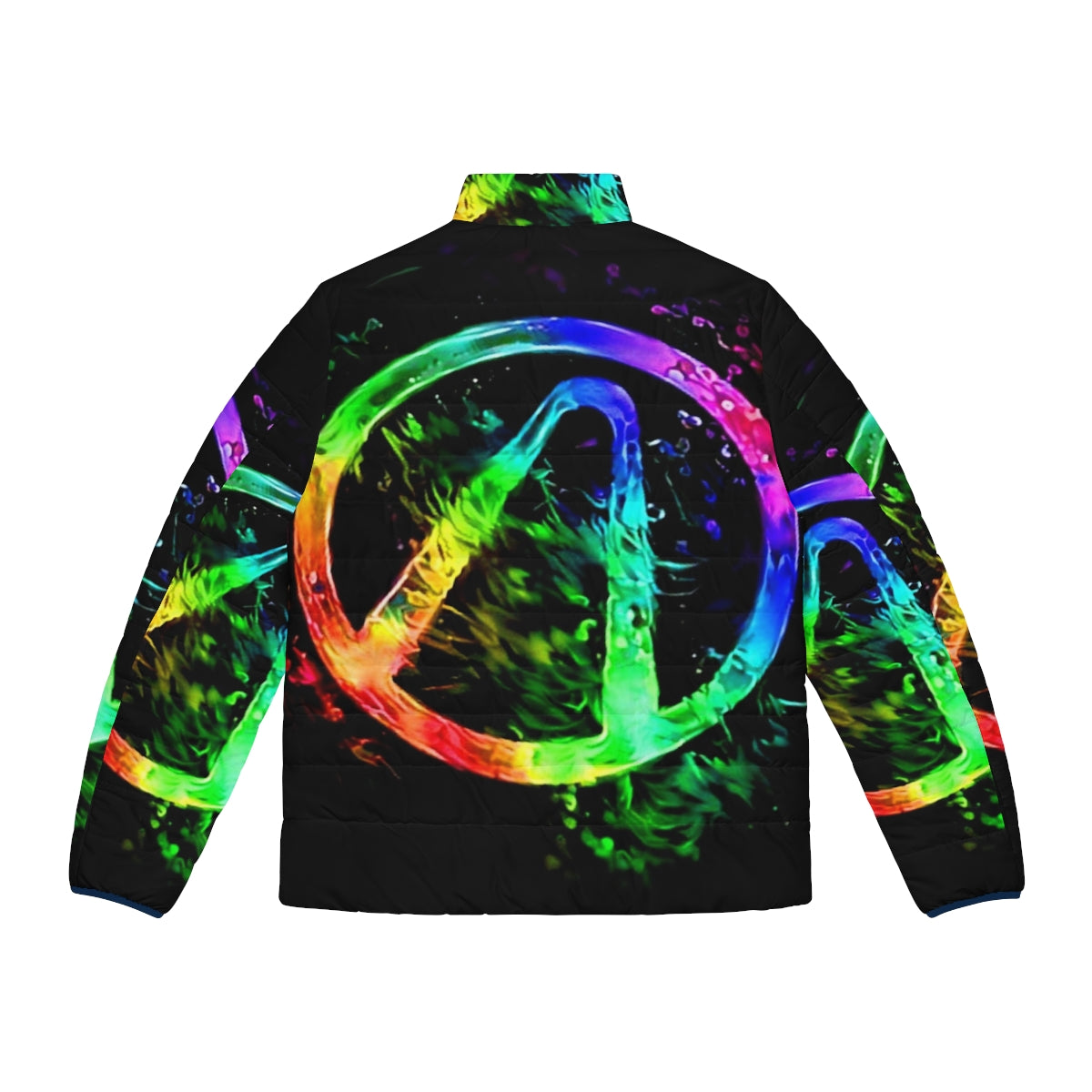 Borderlands Vault Hunter symbol puffer jacket with a vibrant rainbow splash graphic design - Back