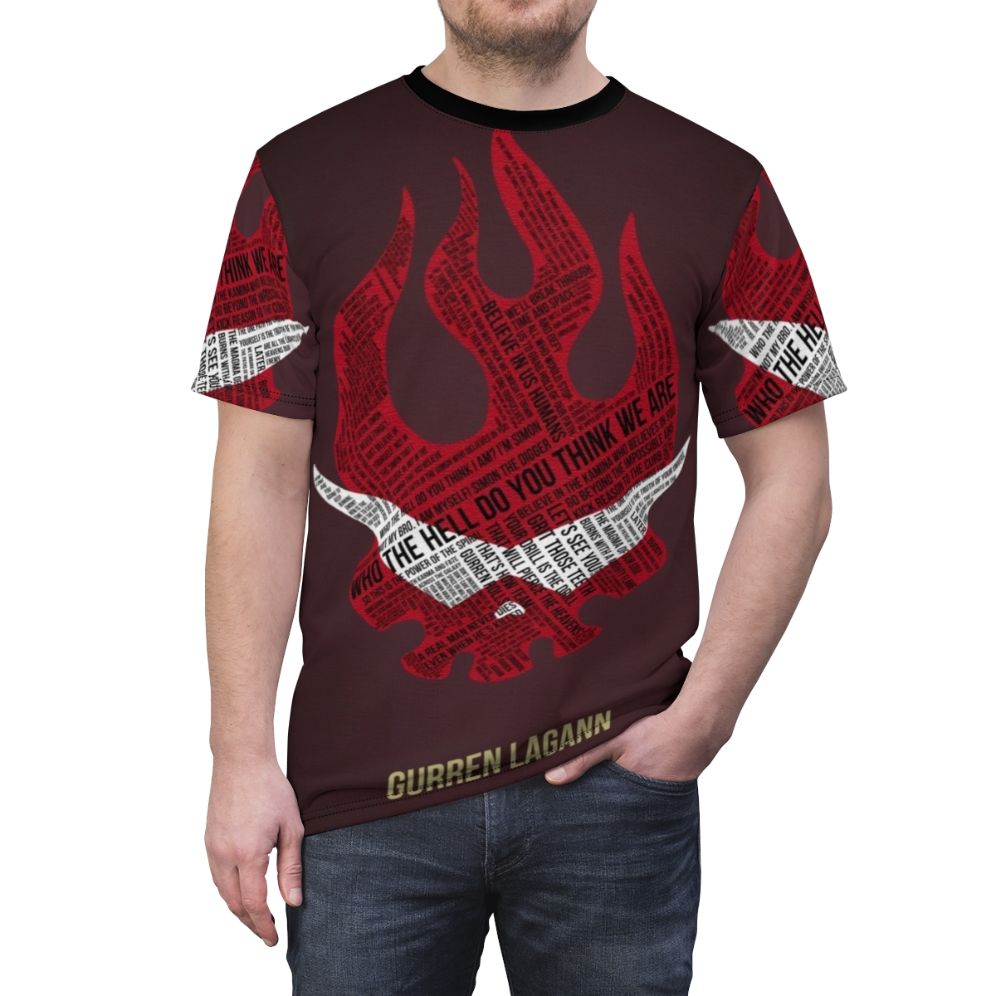 Anime-style Gurren Lagann typography design on a high-quality t-shirt - men front