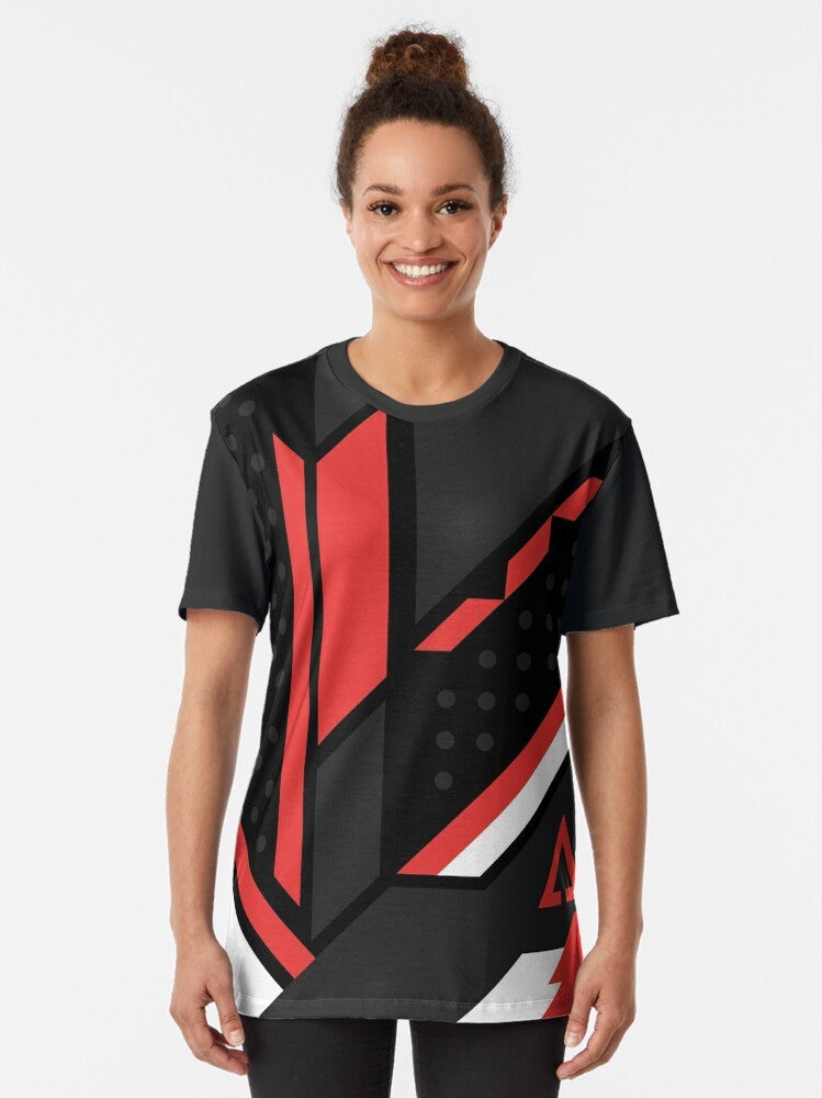 CSGO graphic t-shirt with black, red, and white design featuring popular in-game elements - Women