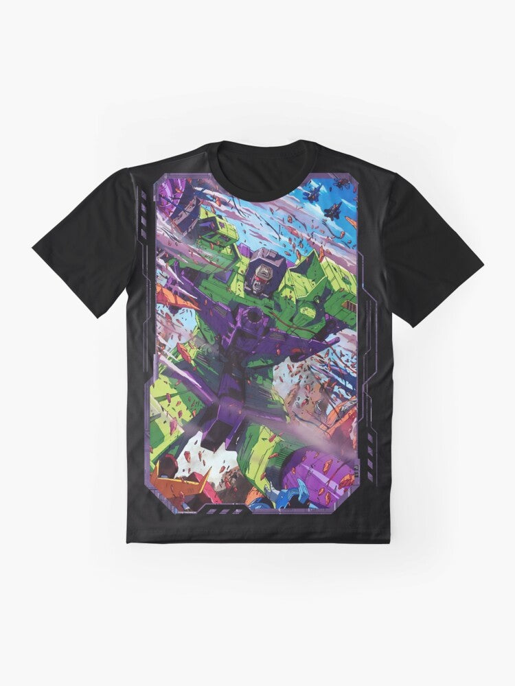 Retro Transformers Devastator graphic t-shirt design featuring Optimus Prime, Megatron, and other classic characters - Flat lay