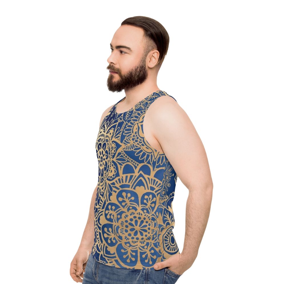 Bohemian Blue and Gold Mandala Pattern Unisex Tank Top - men side