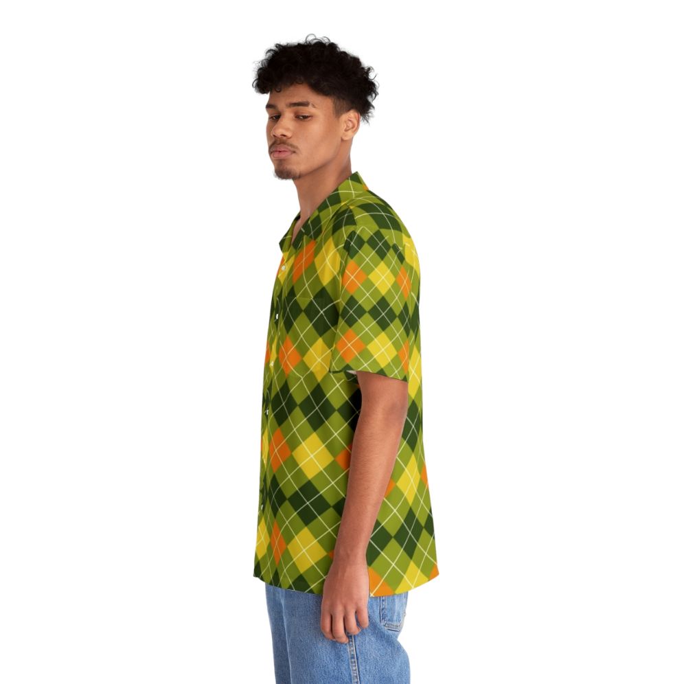 Colorful argyle pattern Hawaiian shirt in yellow, orange, and green - People Left