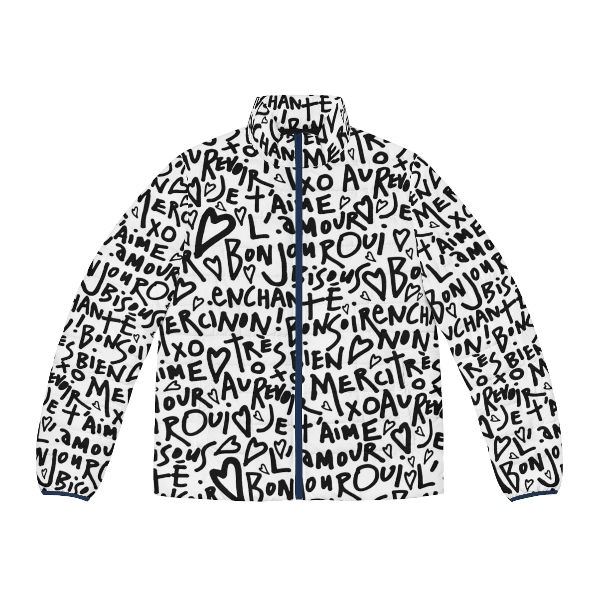 Stylish French puffer jacket with hand-drawn hearts, text, and French phrases