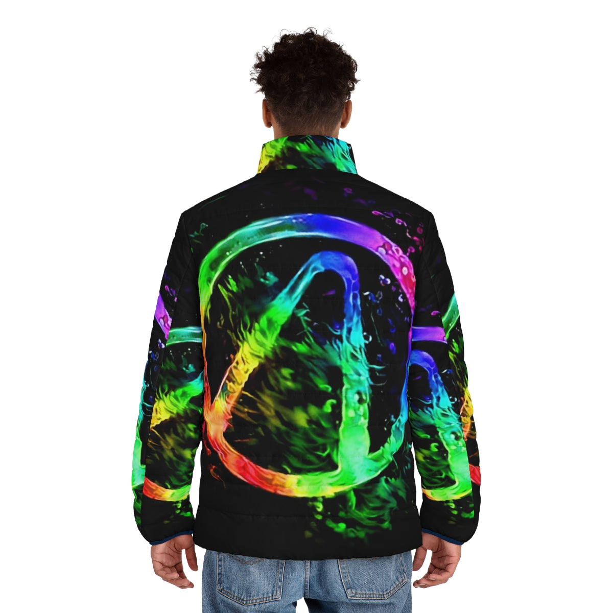 Borderlands Vault Hunter symbol puffer jacket with a vibrant rainbow splash graphic design - men back