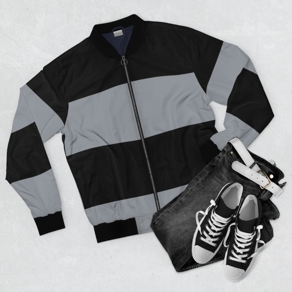 Black and grey horizontal stripes bomber jacket, stylish and simple design - Flat lay