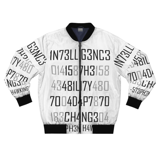 Adapt or Die Encoded Bomber Jacket featuring science and intelligence graphics