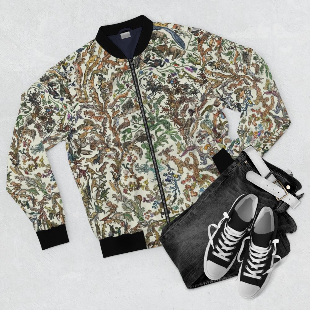 Tree of Life Evolution Bomber Jacket featuring diverse animal life - Flat lay