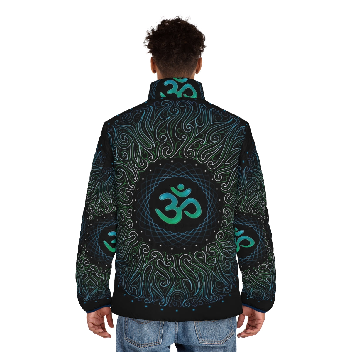 Pranava Yoga Shanti Om Mandala Puffer Jacket featuring spiritual, psychedelic, and visionary art design - men back