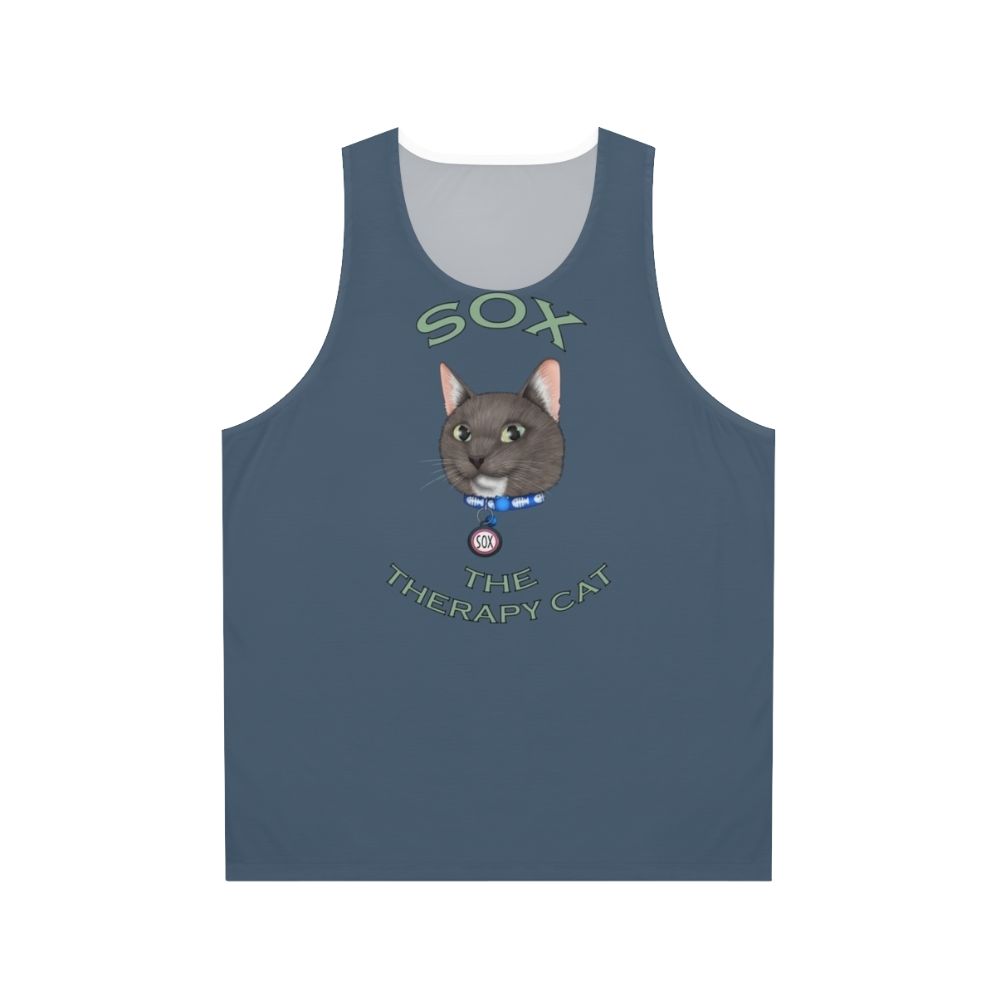 Cartoon cat graphic on a unisex tank top