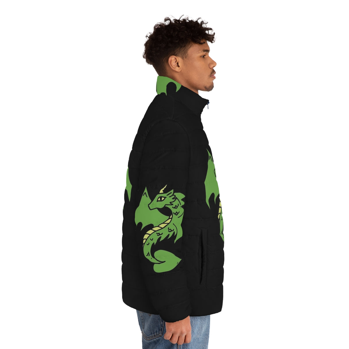 A stylish green dragon puffer jacket for fantasy and geek enthusiasts - men side right