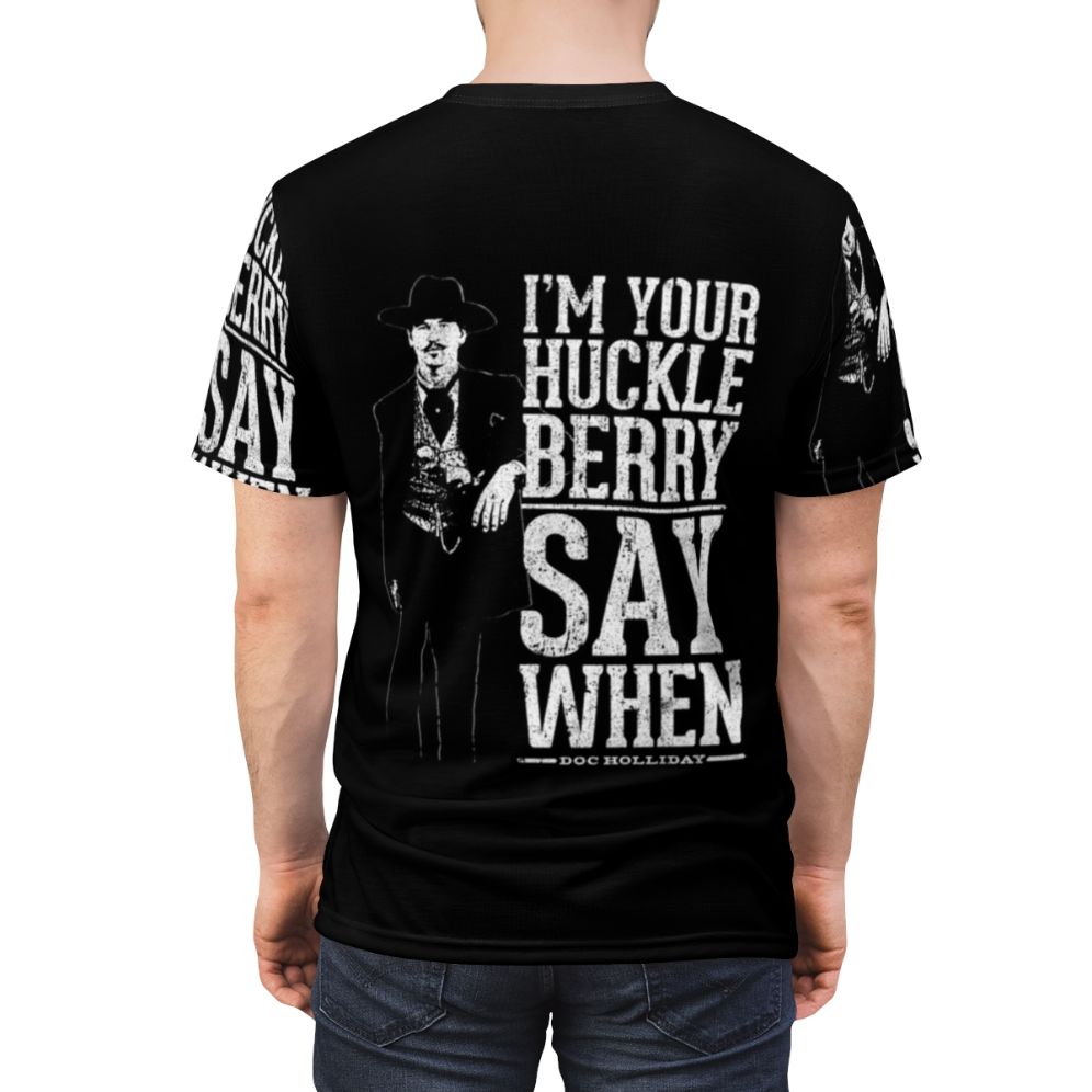 Vintage-style "I'm Your Huckleberry" t-shirt featuring a quote from the classic Western movie Tombstone. - men back