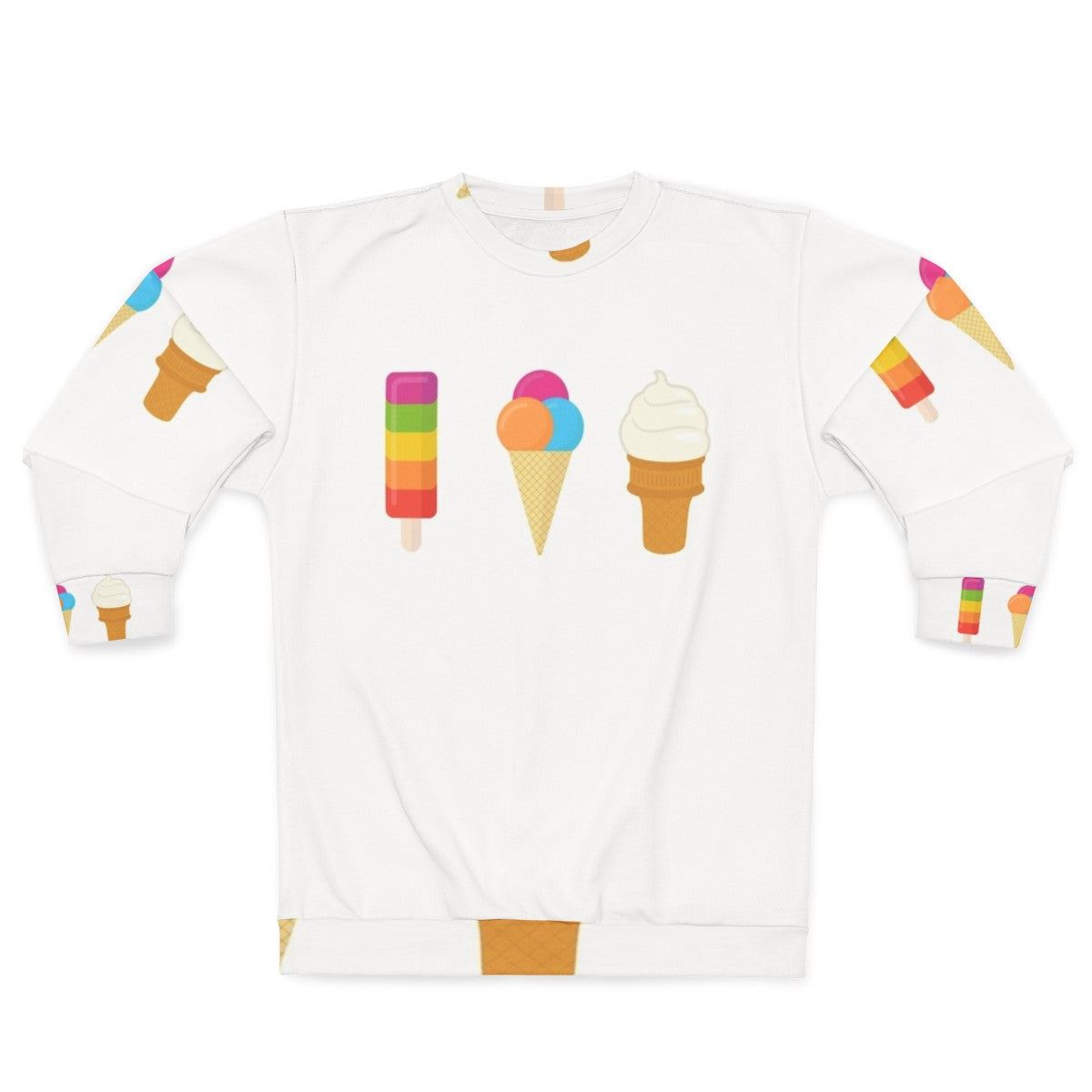 Colorful ice cream sweatshirt with popsicle, cone, and lolly pop graphics