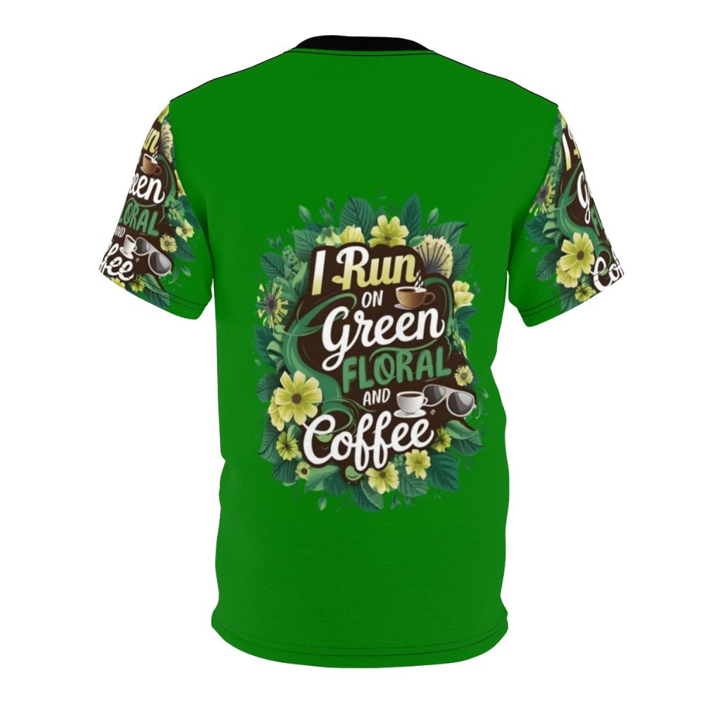 An all-over print t-shirt featuring a vibrant green floral and coffee design. - Back