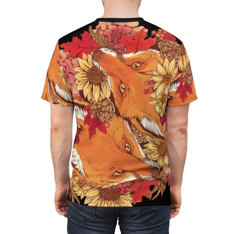 Artwork featuring a red fox surrounded by autumn leaves, sunflowers, and pinecones on a comfortable t-shirt - men back