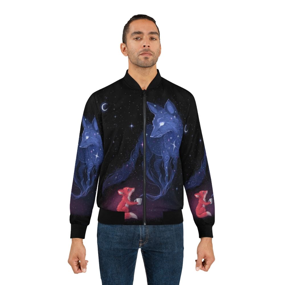 Celestial bomber jacket featuring a cute animal design with stars, moon, and cosmic elements - Lifestyle