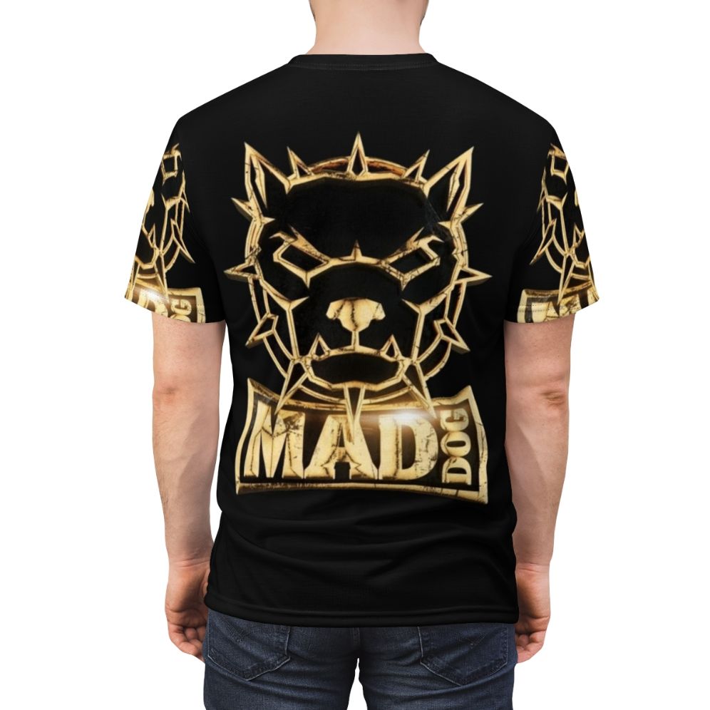 Vibrant mad dog graphic printed on a high-quality t-shirt, perfect for electronic music fans and festival-goers. - men back