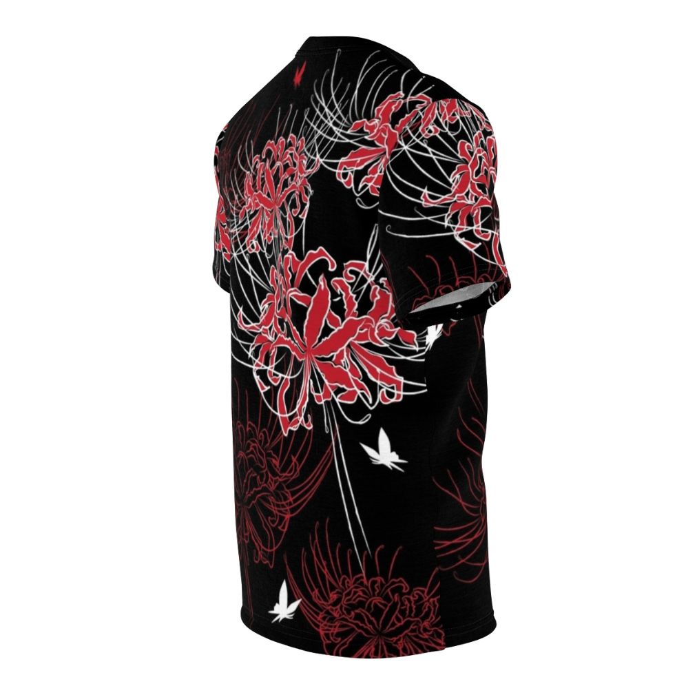 Stylish t-shirt featuring a vibrant spider lily and butterfly design in a Japanese-inspired pattern - men right