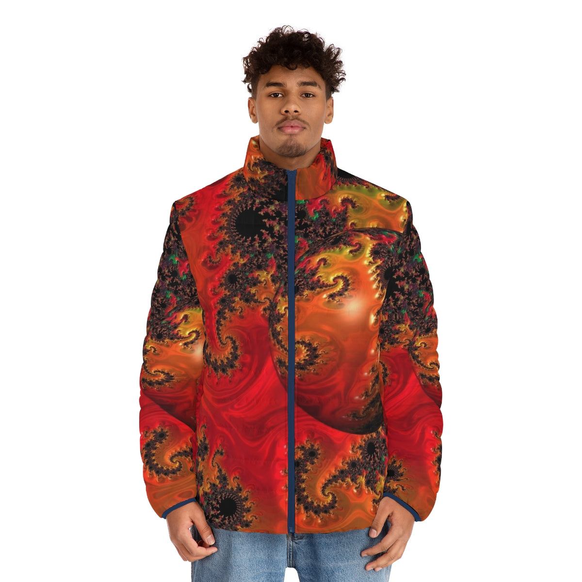 Vibrant and colorful puffer jacket featuring abstract spherical patterns, inspired by contemporary art - men front