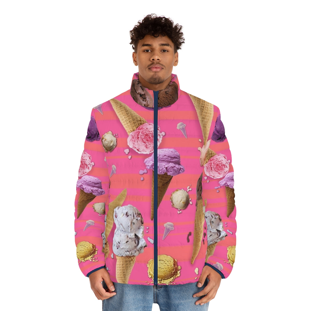 "We All Scream" puffer jacket featuring colorful ice cream graphics and patterns - men front