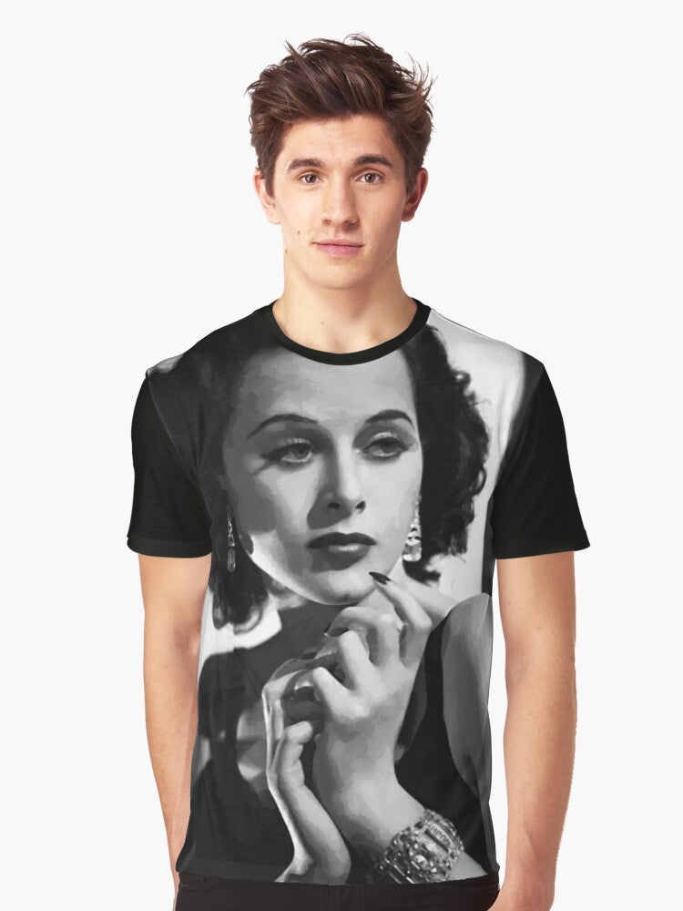 Vintage graphic t-shirt featuring a portrait of legendary actress and inventor Hedy Lamarr in an oil painting style. - Men