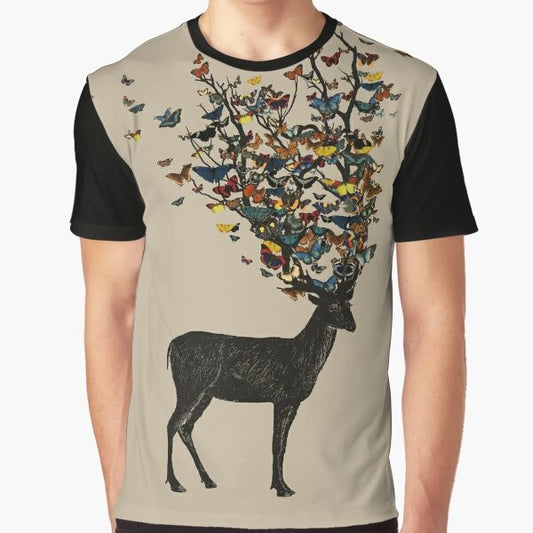 Wild nature graphic t-shirt with deer, butterflies, and colorful design