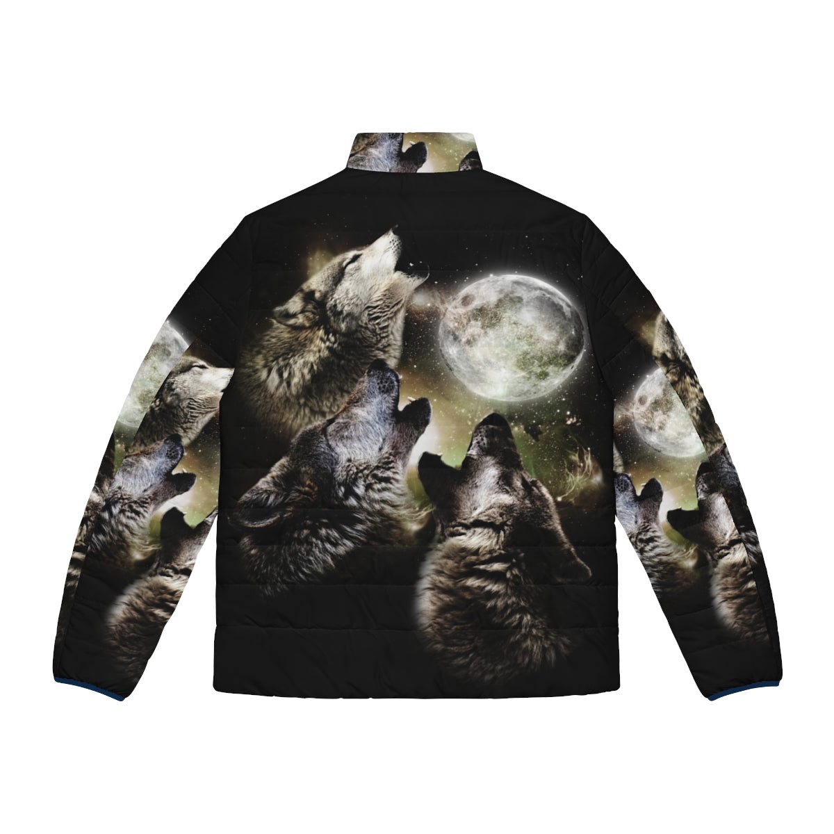 Three wolves howling at the full moon puffer jacket design - Back