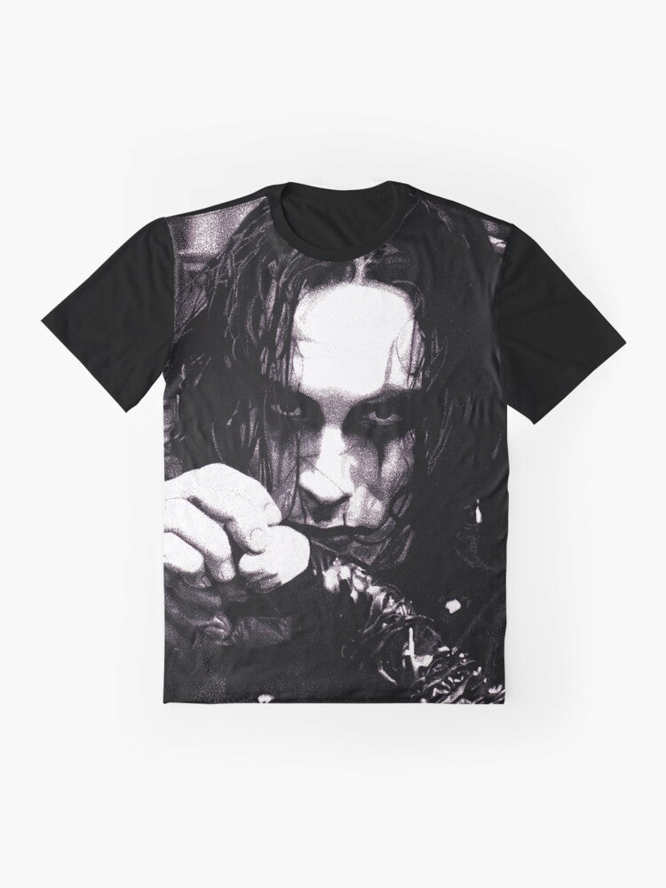 Eric Draven from The Crow movie, wearing a graphic t-shirt with the crow logo - Flat lay