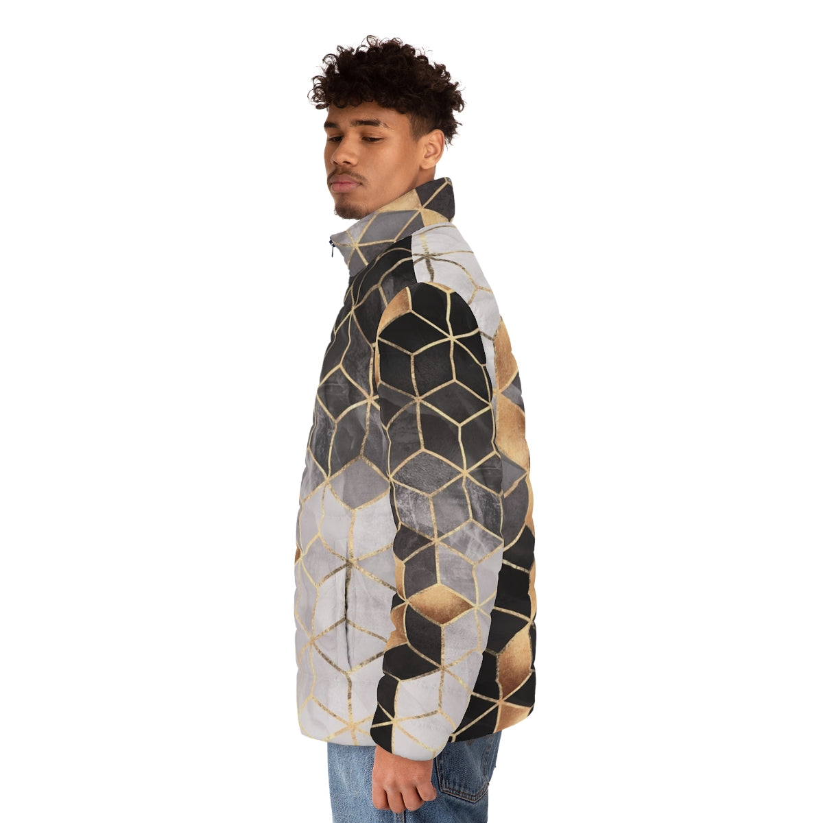 A puffer jacket with a modern geometric cubic pattern design - men side left