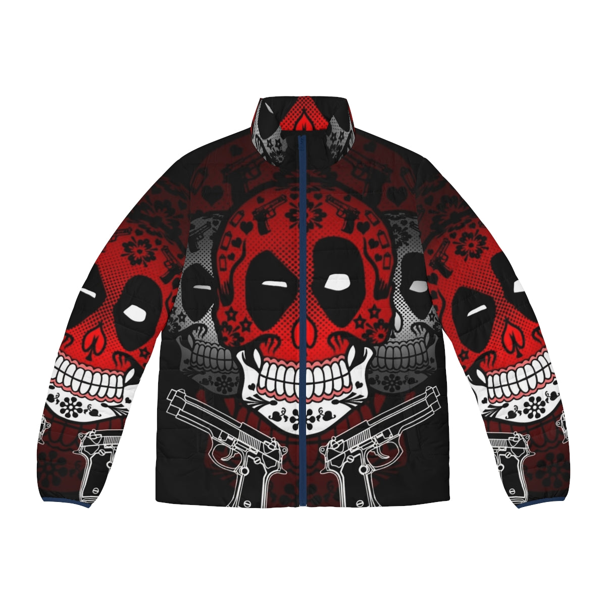 Colorful puffer jacket with day of the dead sugar skull design