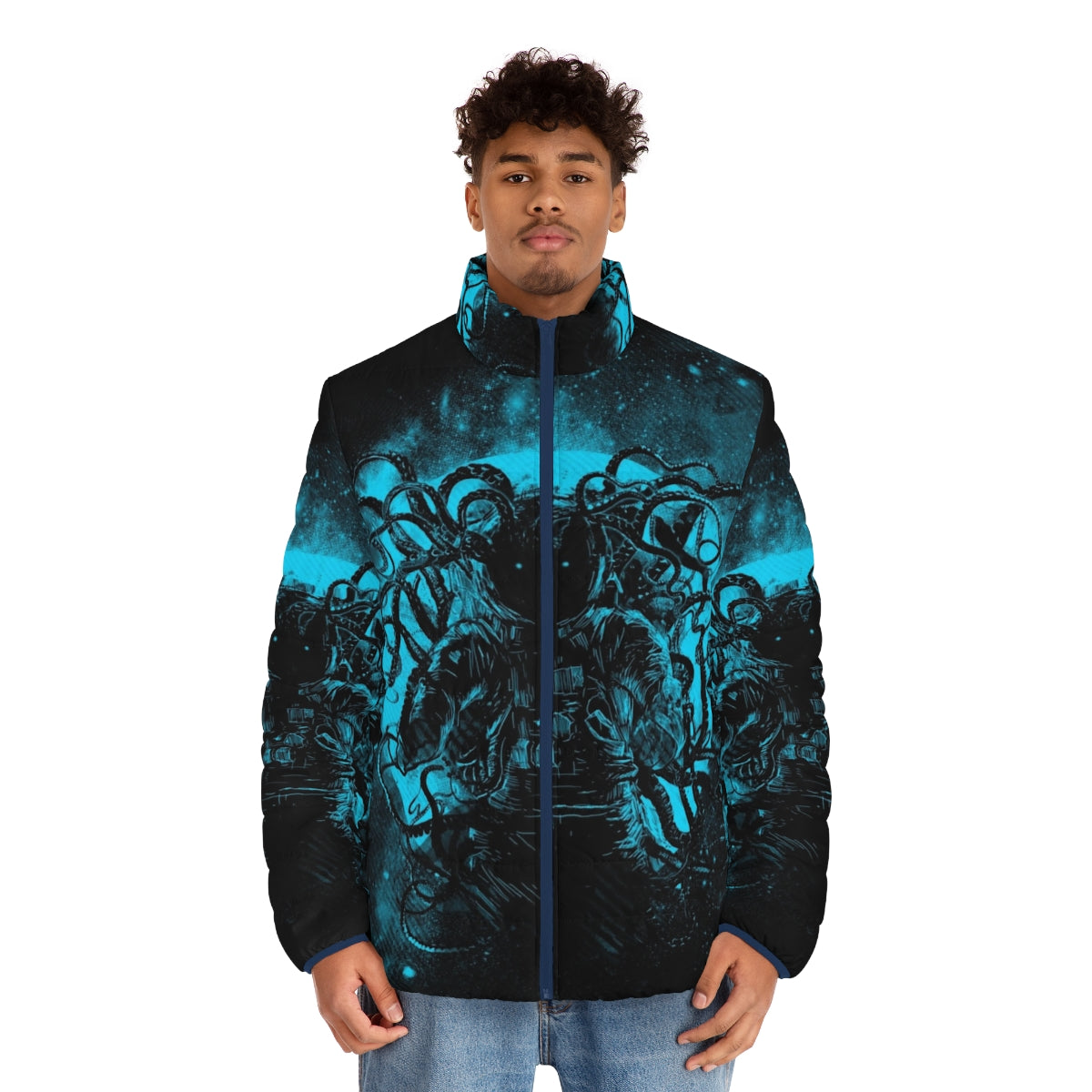 Puffer jacket with cosmic horror design, featuring Cthulhu-inspired tentacles and deep space elements - men front