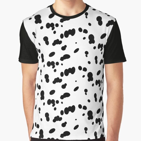 A t-shirt featuring a graphic design of a dalmatian dog's spotted fur pattern.