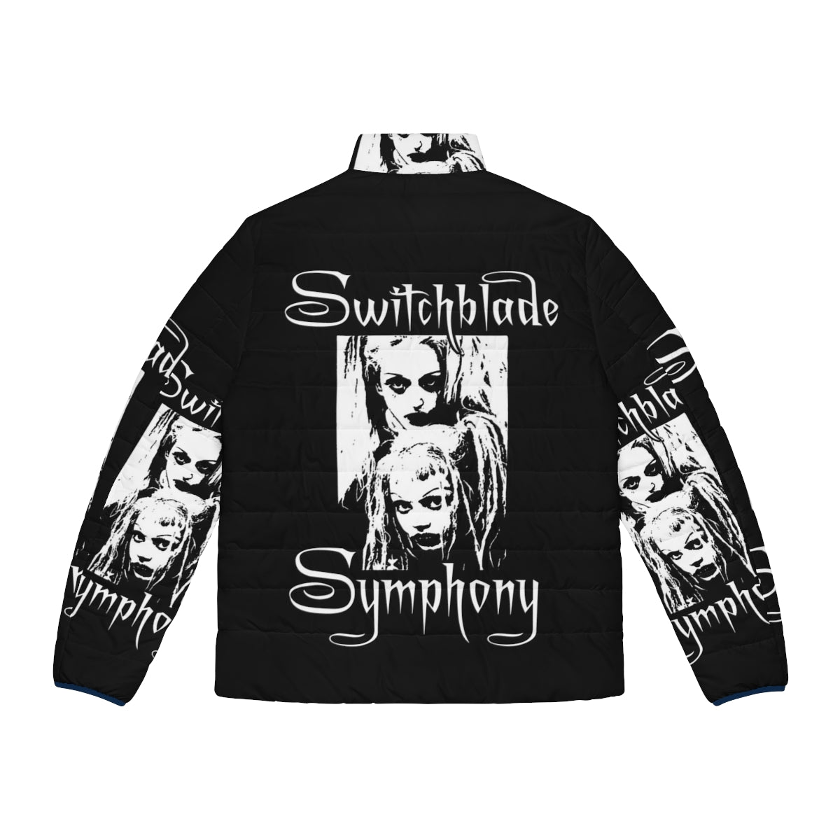 Switchblade Symphony puffer jacket featuring a dark, gothic design perfect for the cold winter months - Back