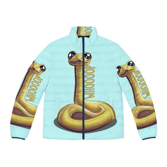 Whooping snake puffer jacket in yellow with hooded design