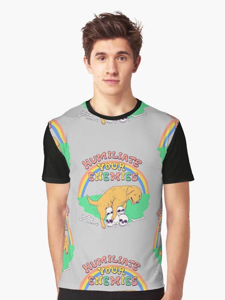 Graphic t-shirt with the words "Humiliate Your Enemies" and a victory-themed design featuring dogs, skulls, and rainbows - Men