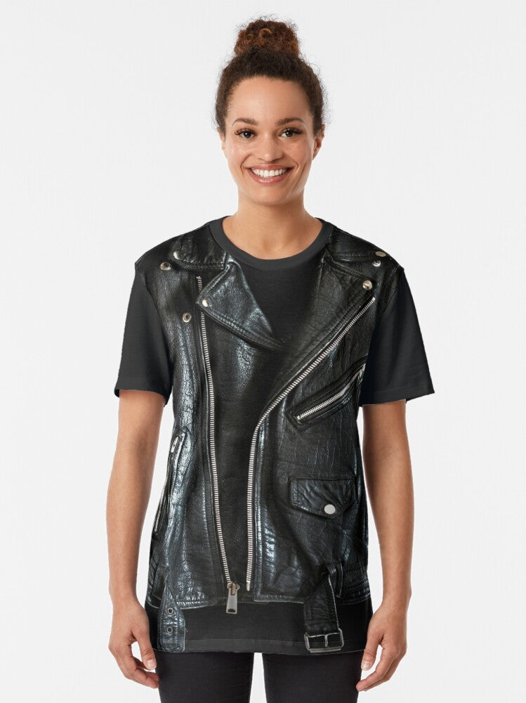 Black leather jacket graphic t-shirt with biker and motorcycle design - Women