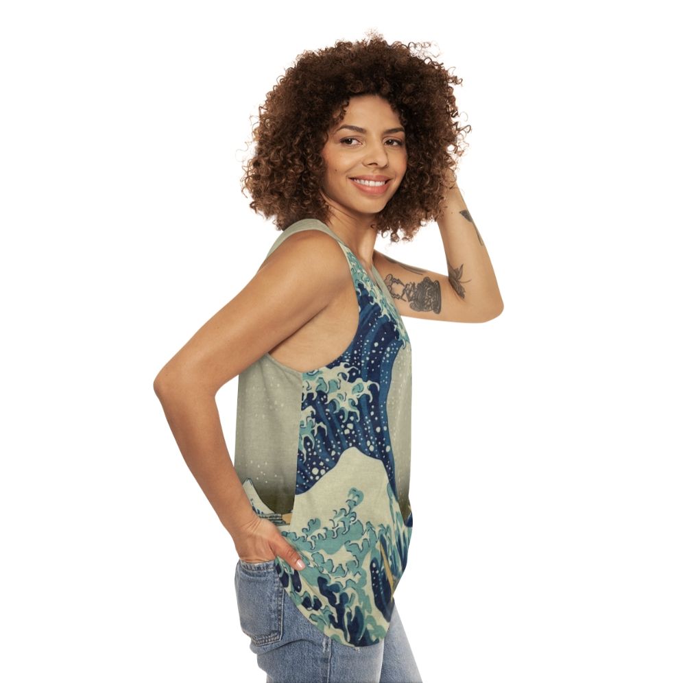 Unisex tank top featuring Hokusai's iconic Kanagawa Wave design - women side