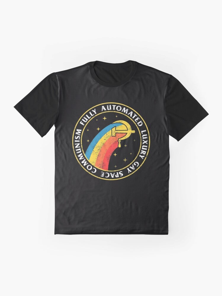 Fully Automated Luxury Gay Space Communism graphic t-shirt design featuring communist and space elements - Flat lay